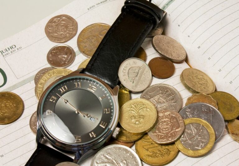 Čas - peníze - mince - kalendář - hodinky
