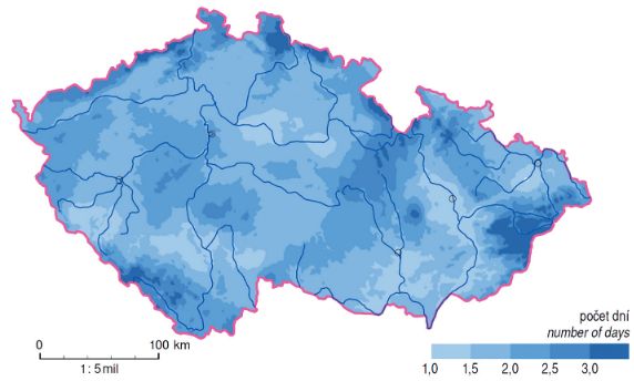 Krupobití - Průměrný roční počet dní s kroupami (1981 – 2000)